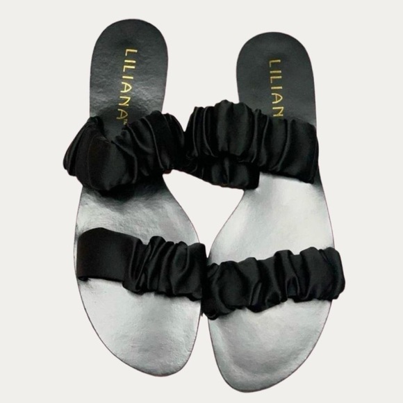 Liliana Black Sandals with Elastic Ruched Straps Sizes 6.5 & 7.5 - Picture 1 of 5